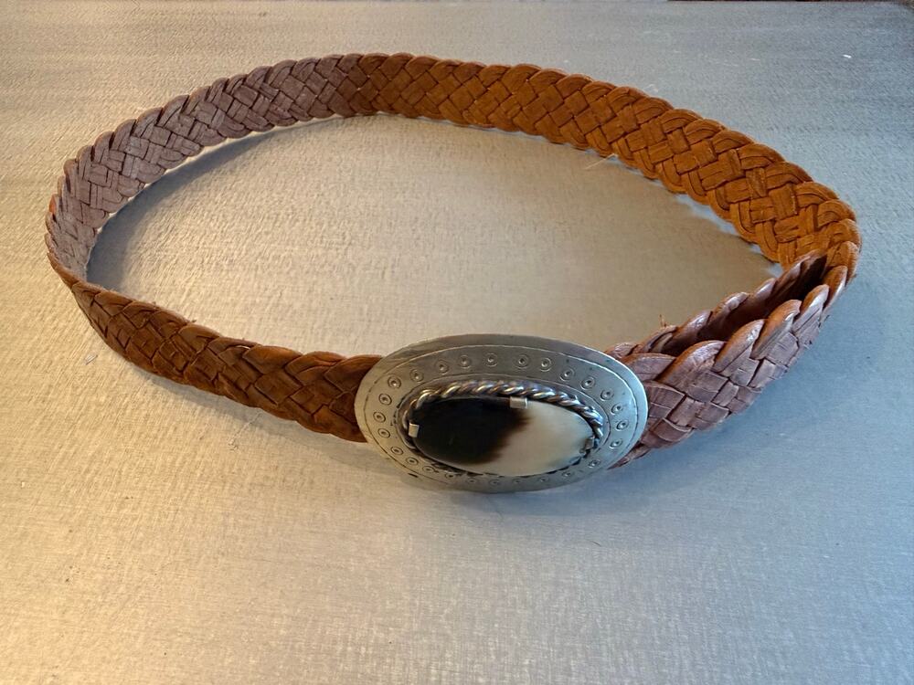 Chico's Vintage Braided Leather Belt Western Silver Agate Stone Buckle Boho M/L